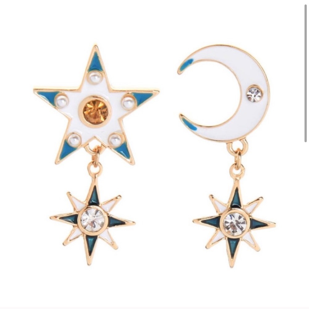 White and blue Sun & Moon Stud Earrings
